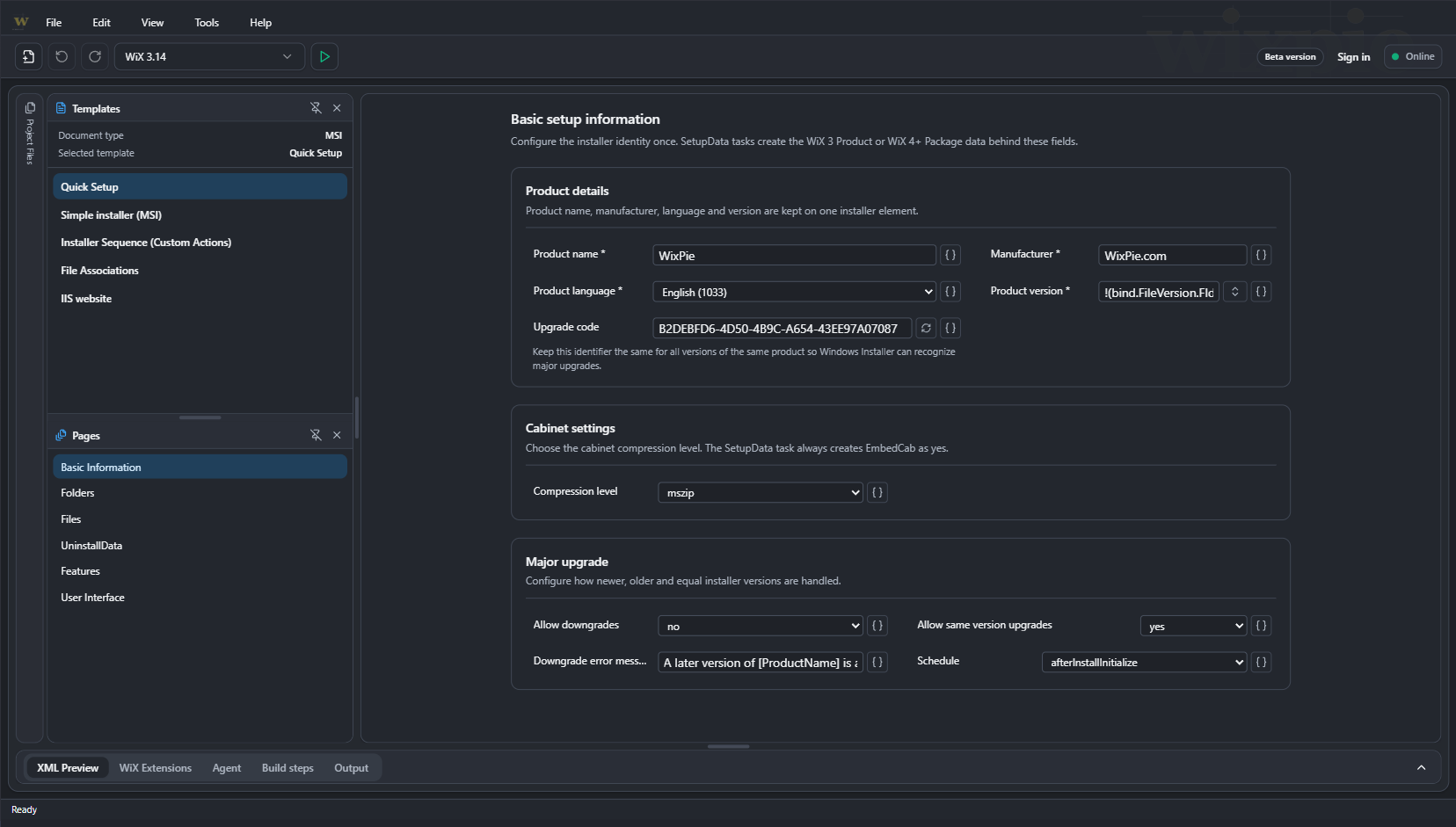 WixPie Quick Setup showing product details, cabinet settings and major-upgrade options