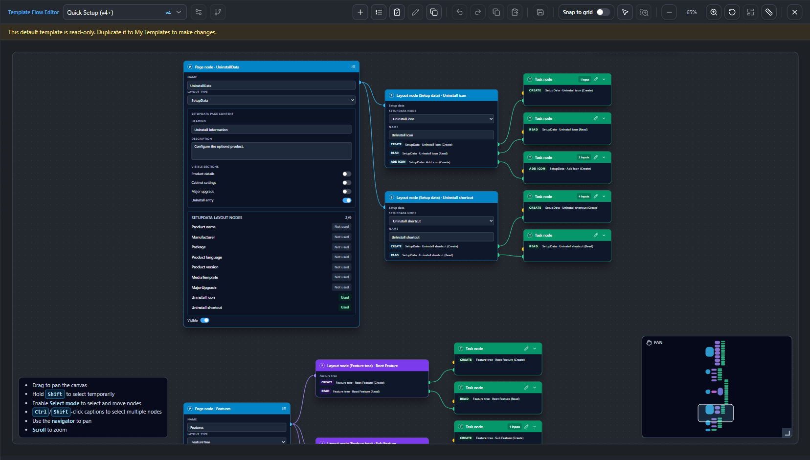 WixPie Template Flow Editor showing Page, Layout and Task nodes connected on a dark canvas