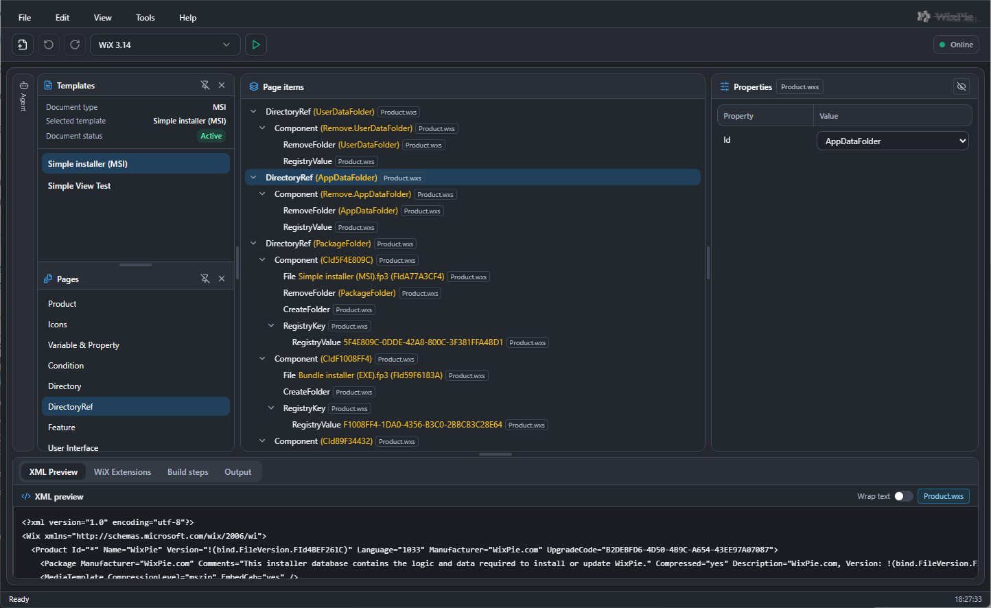 WixPie Online workspace with templates, page items, properties and XML preview
